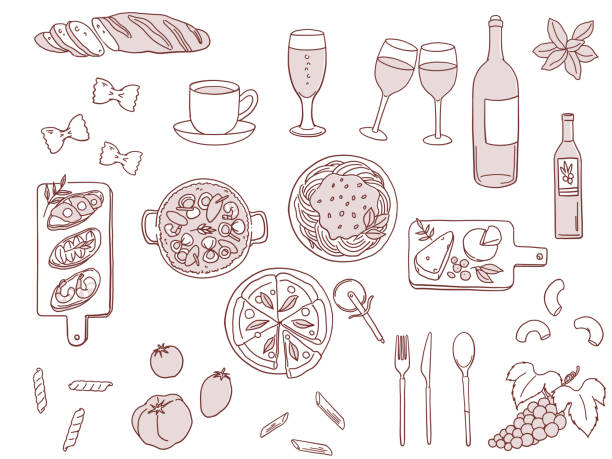 ilustraciones, imágenes clip art, dibujos animados e iconos de stock de restaurante de moda pintado a mano de 2 colores línea de dibujo material de ilustración conjunto de ilustraciones - italian cuisine food preparing food cheese