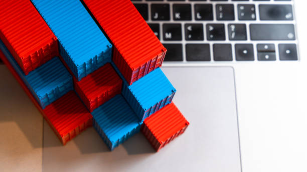 istock Cargo freight ship for import export logistics, Shipping cargo containers set, Company shipping delivery and logistics global business container cargo ship, Stack of blue and red containers box. 1324818290