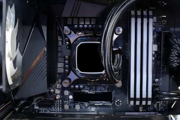 istock Close-up Cooling pump on CPU socket and quad channel RAM DDR4 that installed on modern mainboard, inside desktop on PC Case and DIY, computer and electronics 1324818389