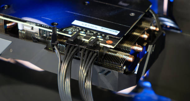 istock Close-up and selective focus black cables connect with socket on Computer Graphic Card and LED light show status on working mode, computer accessory equipment and DIY, inside PC Case 1324819285