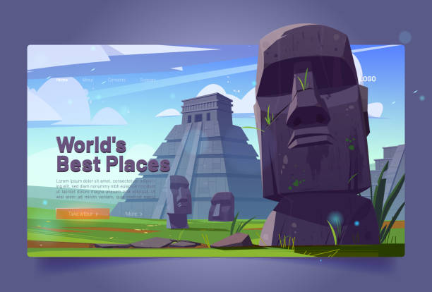 World best places cartoon landing, Moai statues World best places cartoon landing page. Moai statues and pyramids, republic of Chile travel famous landmarks stone heads on green field of Easter Island or Rapa Nui, ancient monument vector web banner moai statue rapa nui stock illustrations