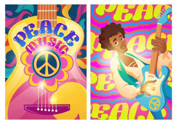 Peace music posters with hippie sign and guitar Peace music posters with hippie sign and man with guitar. Woodstock festival style. Vector flyers with cartoon psychedelic patterns. Retro music of 60s and 70s woodstock stock illustrations