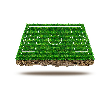 Soccer field area and isolate on background. Green grass of soccer field with pattern and texture in perspective views.