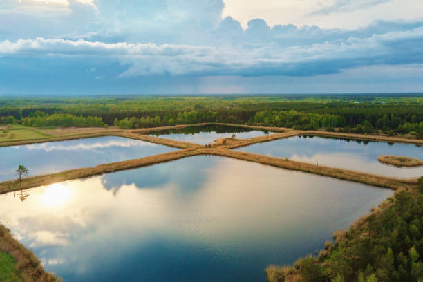 Stormwater ponds or rainwater artifical basins, aerial view Aerial view of ponds for collect stormwater. Rainwater retention basins, bird eye view. Artifical pools for irrigation system. Rain water pools artifical grass stock pictures, royalty-free photos & images