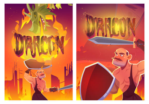 Dragon attack knight cartoon posters, magic game Dragon attack knight cartoon posters, magic character breathing with fire fighting with medieval warrior with sword and shield. Epic scene for fairytale game, fantasy movie or book, vector banners grand singe stock illustrations