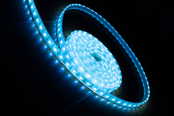 a skein of blue LED strip on a black background.