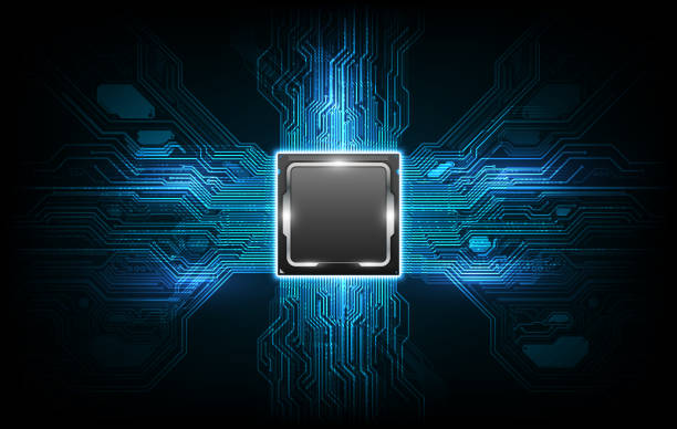abstrakte technologie chip prozessor hintergrund leiterplatte und html-code, 3d-illustration blaue technologie hintergrundvektor. - cpu stock-grafiken, -clipart, -cartoons und -symbole