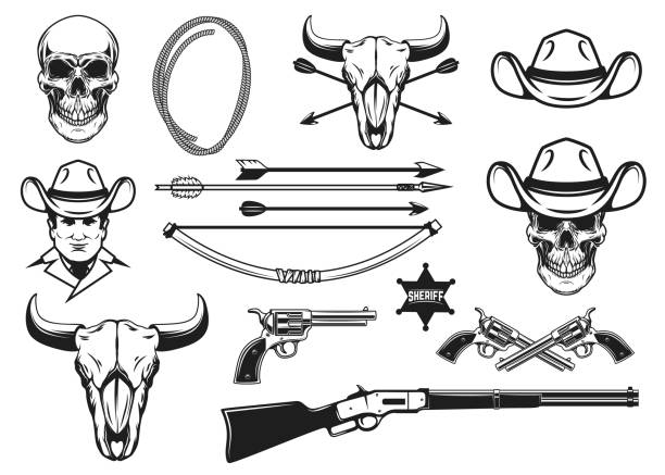 illustrazioni stock, clip art, cartoni animati e icone di tendenza di elementi di design del selvaggio west. arma da cowboy, cappello, lazo, teschio da cowboy. elemento di design per etichetta, segno, emblema. illustrazione vettoriale - rifle gun old wild west