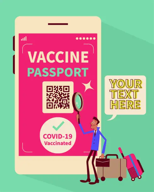 Vector illustration of One businessman (tourist) with luggage is showing the Covid-19 Vaccine Passport app on a big smartphone screen