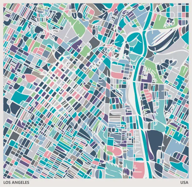 Vector illustration of colorful Illustration style city map,near Union Station,Los angeles city,USA