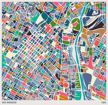 colorful Illustration style city map,near Union Station,Los angeles city,USA