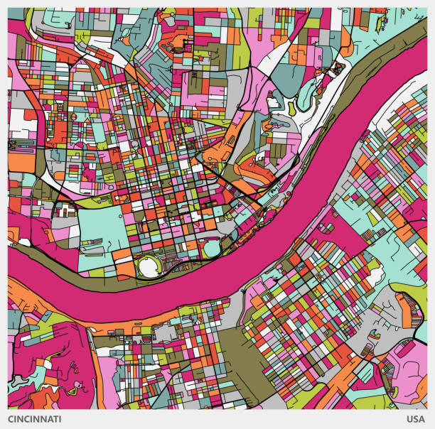colorful Illustration style city map,Cincinnati city,USA