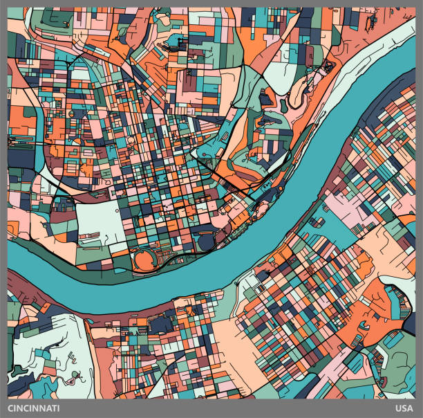 colorful Illustration style city map,Cincinnati city,USA