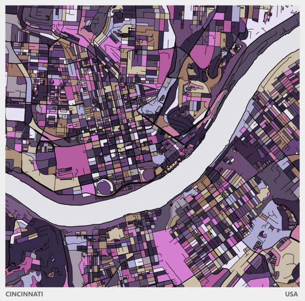 colorful Illustration style city map,Cincinnati city,USA