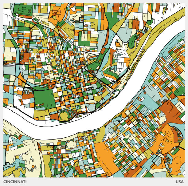 colorful Illustration style city map,Cincinnati city,USA