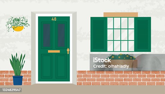 istock Front wooden door and window. Home old exterior in with flowers in pots. Dwelling house facade. Flat design vector illustration 1324829547