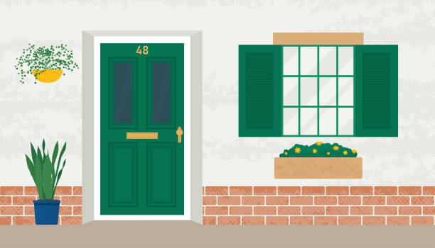 Front wooden door and window. Home old exterior in with flowers in pots. Dwelling house facade. Flat design vector illustration Flat design vector illustration house numbers stock illustrations