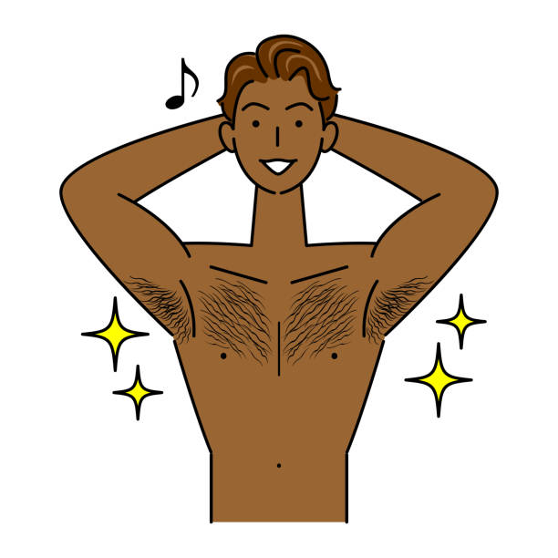 fine macho cute man smiling face who is pleased with burnt skin in tanning salon vector by a cute, thin, macho man who is happy with his beautiful tanned, wheat-colored skin at the tanning salon. uśmiech. chory - chest hair stock illustrations