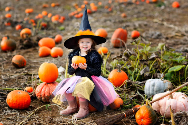 bambina che indossa costume strega di halloween su patch zucca - pumpkin child little girls pumpkin patch foto e immagini stock