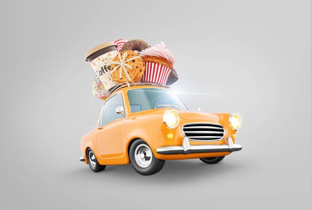 istock Cute fantastic retro car with sweets and coffee on top. 1324831804