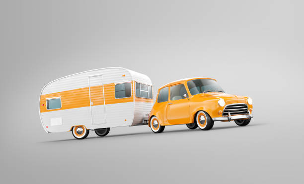 Retro car with white trailer. Unusual 3d illustration of a caravan. Camping and traveling concept