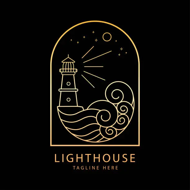 Vector illustration of lighthouse  with ocean wave mono line style design
