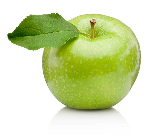 istock Green apple with leaf isolated on white background 1324833481