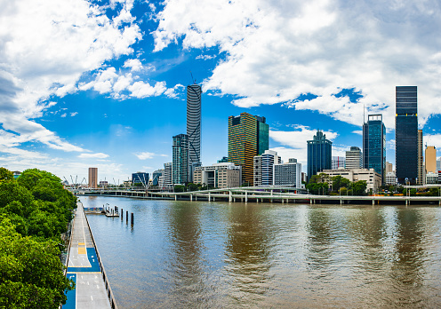 Brisbane skyline with skyscrapers across the Brisbane river. Queensland, Australia. Panoramic photo