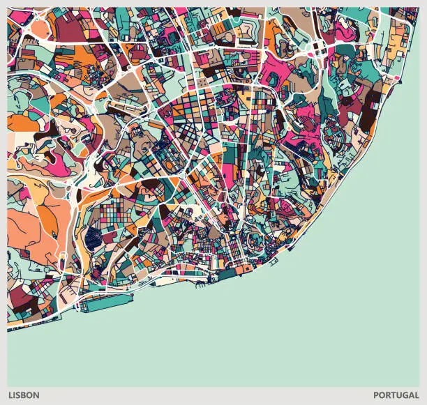Vector illustration of colorful Illustration style city map,Lisbon city,Portugal
