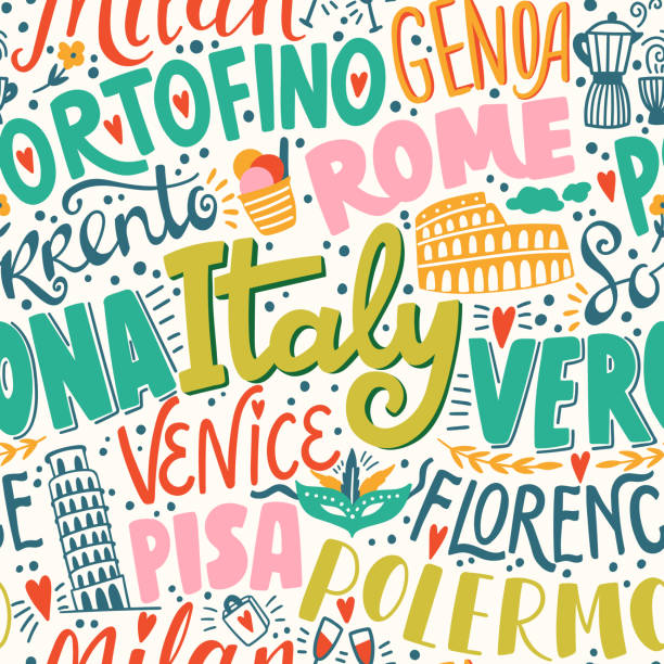 Around the World. ITALY vector lettering seamless pattern. Country and major cities Around the World. ITALY vector lettering seamless pattern. Country and major cities. Vector illustration amalfi coast map stock illustrations