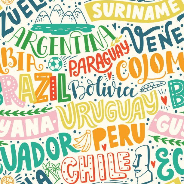 ilustrações de stock, clip art, desenhos animados e ícones de around the world. south america vector lettering seamless pattern. country and major cities - argentina map chile cartography