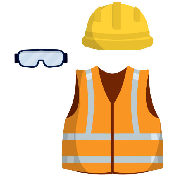 kleidung des arbeiters und des baumeisters. orange uniform, brille und helm. - leuchtbekleidung stock-grafiken, -clipart, -cartoons und -symbole