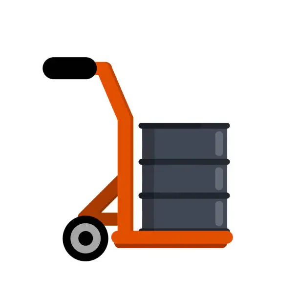 Vector illustration of Handcart with oil barrel. Shipping service and fuel. Warehouse and logistics. Pushcart with cargo. Delivery of goods. Flat cartoon illustration