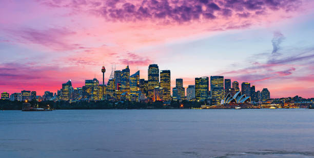 Beautiful dramatic sunset over Sydney skyline in Australia stock photo