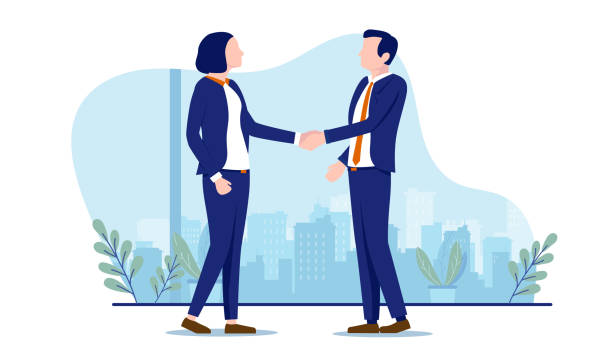 Businesswoman and businessman handshake Two business people shaking hands in office. Deal, partnership, equality and agreement concept. Vector illustration on white background. face to face stock illustrations