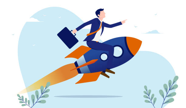 istock Determined business person flying on spaceship pointing the way forward 1324839532