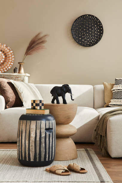 istock Stylish ethnic living room interior with design decoration. 1324839924