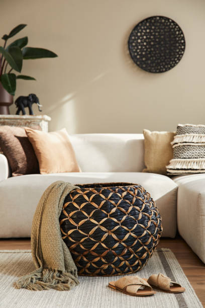 istock Stylish ethnic living room interior with design decoration. 1324839957