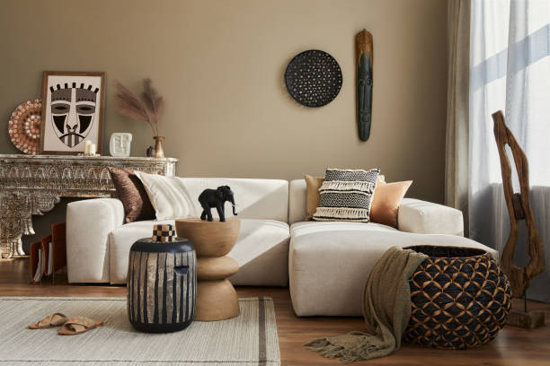 stylish ethnic living room interior with design modular sofa. - artigo de decoração imagens e fotografias de stock