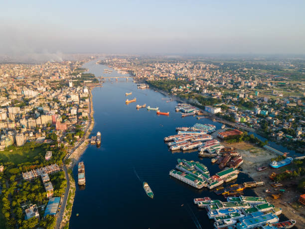 Sadarghat Launch Terminal in Dhaka, Drone View Cityscape of Dhaka city St Sadarghat launch terminal in Dhaka Drone View bangladesh stock pictures, royalty-free photos & images