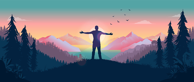 Person standing in front of sun with arms out, watching the beauty of nature and feeling the warmth of the sun. Happiness and personal freedom concept. Vector