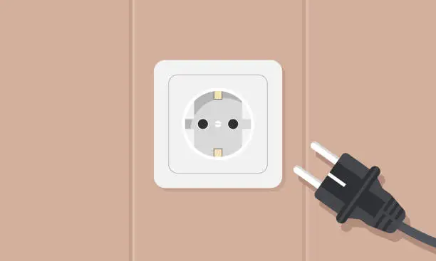 Vector illustration of Electrical socket on wall at home with unplugged cable about to be plugged in