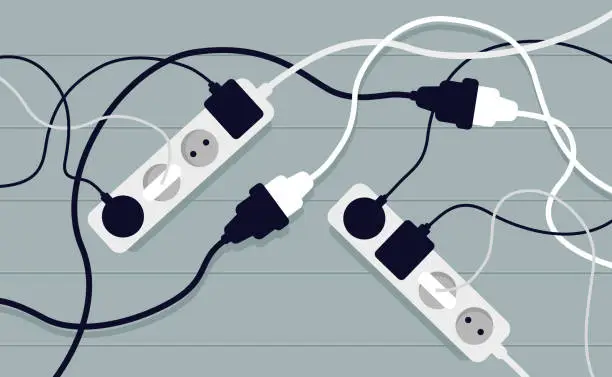 Vector illustration of Cable mess and extension sockets in clutter