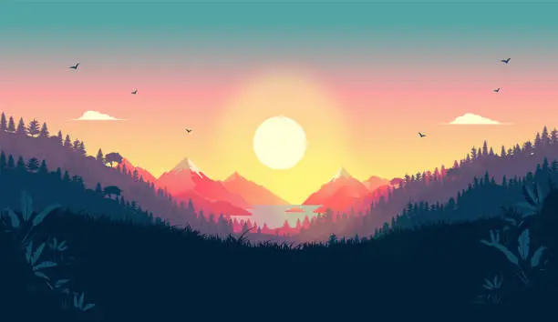 Vector illustration of Beautiful vector landscape with sunrise
