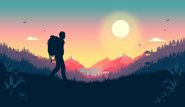 ilustrações de stock, clip art, desenhos animados e ícones de loving nature walk - silhouette of man walking with backpack in landscape - backpack one mature man only only mature men one man only