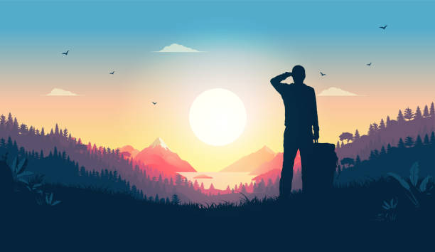 Hiker watching sunrise from hill and looking at beautiful view over warm landscape Person enjoying the start of a new day. Happiness, positive and contentment concept. Vector illustration. journey silhouettes stock illustrations
