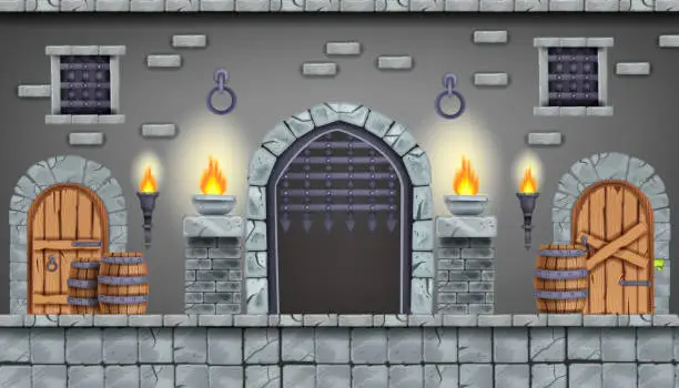 Vector illustration of Castle dungeon vector game background, cartoon medieval prison interior illustration, stone column.