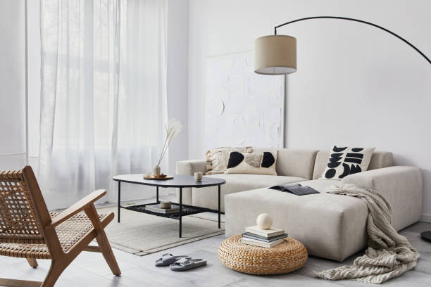 istock Domestic interior of living room with design modular sofa. Template. 1324842601