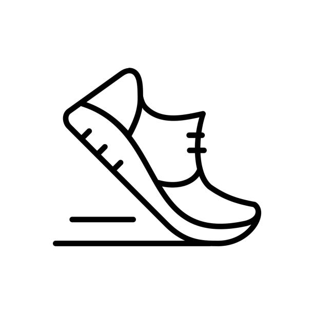 Fitness shoe line icon. Running shoe in motion. Trainers Fitness, exercising, healthy lifestyle concept. Sport sneakers footwear sign. Physical activity. Simple design element. Vector illustration, clip art running stock illustrations