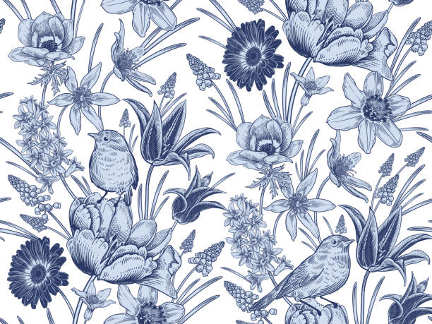 봄 빈티지 매끄러운 패턴. 꽃과 새. 파란색과 흰색.  벡터. - botany wallpaper pattern wallpaper illustration and painting stock illustrations